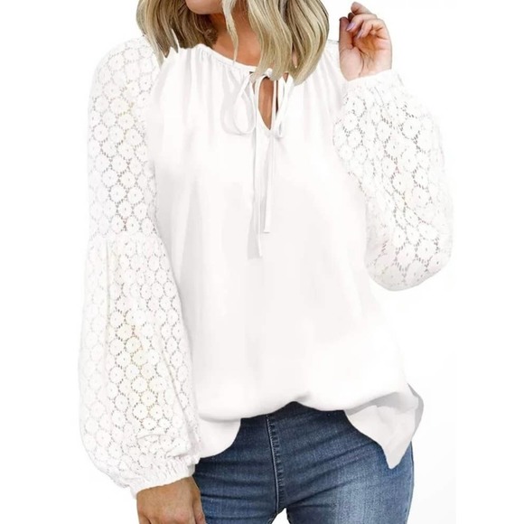 UNBRANDED Tops - WOMEN'S SEXY ROUND TIE NECK LACE SLEEVES LOOSE BLOUSE COLOR WHITE Size S NWOT
